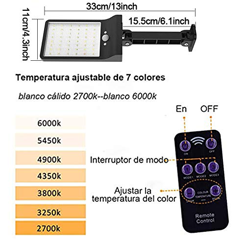 Luces solares al aire libre, Super brillante 48 LEDs, IP65 impermeable con control remoto, luces solares del sensor de movimiento con 3 modos para el jardín, camino, entrada (2PACK)