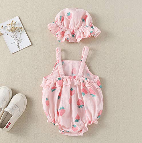 Luckycat Body Infantil para bebés recién Nacidos con Volantes Mamelucos sin Mangas Mono Trajes Ropa Bebe Peleles Patrón de Fresa Monos + Sombrero para Recien Nacido Niña Niño 0-18 Meses Ropa Verano