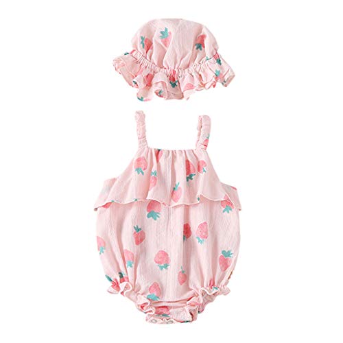 Luckycat Body Infantil para bebés recién Nacidos con Volantes Mamelucos sin Mangas Mono Trajes Ropa Bebe Peleles Patrón de Fresa Monos + Sombrero para Recien Nacido Niña Niño 0-18 Meses Ropa Verano