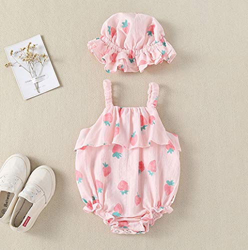 Luckycat Body Infantil para bebés recién Nacidos con Volantes Mamelucos sin Mangas Mono Trajes Ropa Bebe Peleles Patrón de Fresa Monos + Sombrero para Recien Nacido Niña Niño 0-18 Meses Ropa Verano
