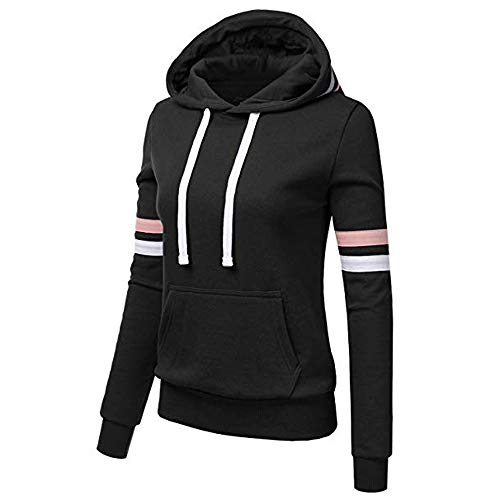 LUCKYCAT Sudadera de Rayas para Mujer Blusa de Manga Larga Sudadera con Capucha y Bolsillo Pullover Tops Camisa (Negro, Grande)