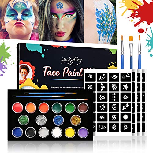 Luckyfine Pinturas Faciales y Glitter Corporales, Kit de Maquillaje Halloween - 12 Colores Pinturas Corporales, 4 x Glue Glitter, 4 x Pegatinas de Tatuaje, 3 x Pinceles de Pintura