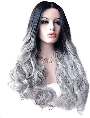 LukyTimo Peluca sintética Ombre gris plateado ondulado de aspecto natural, resistente al calor