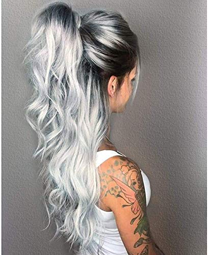 LukyTimo Peluca sintética Ombre gris plateado ondulado de aspecto natural, resistente al calor