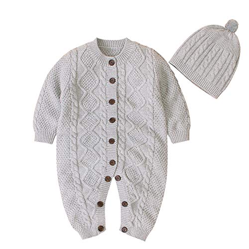 LUONE Mameluco del bebé, bebé Hecho Punto del Mono del Mameluco del bebé de la Bola de Pelo de algodón Cap Baby Onesies Hombres y de Mujeres de Mantener Caliente en otoño e Invierno,Gris,80cm