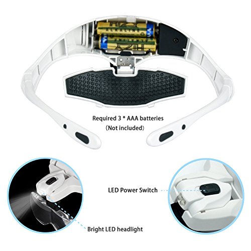 Lupa con luz 2 LED, Cinco Lentes Intercambiable, Lupas de Aumento para Leer, Reparaciones, Coser, Joyería y Relojería, 1X-3.5X