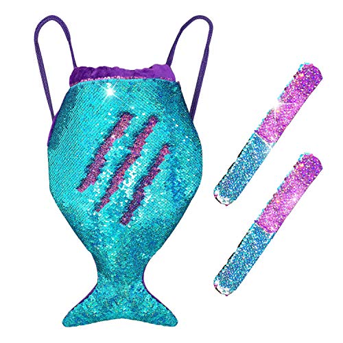 LURICO 3 PCS Magia Lentejuela Sirena Bolsa de cordón con Pulseras Slap Mochila de Brillo Bolsa de Deporte de Moda Bolsa Ligera para niñas Adolescentes Regalo de cumpleaños