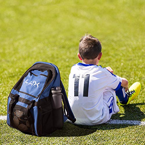 LUX - Mochila de fútbol con compartimento para pelotas de fútbol para jóvenes y niños, bolsa de equipo para fútbol y baloncesto, voleibol, gimnasio, azul