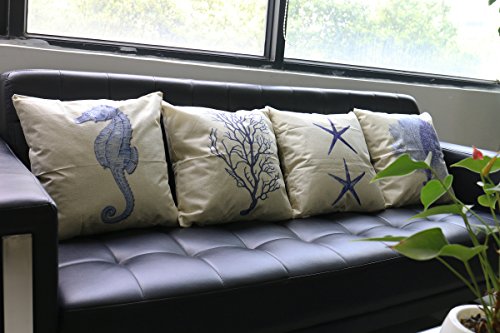 Luxbon Conjunto de 4 Funda Cojin Almohada Mar Azul Lino Duradero Decoración para Sofá Cama Coche 45x45 cm