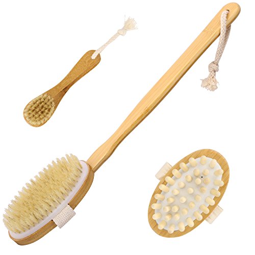 Luxspire Set de Masajeador de baño,Espalda Cepillo facial y de ducha de de bambú. Cepillo exfoliante de piel y celulitis con cerdas de jabalí con mango largo, masajeador anticelulitis.3 Piezas.