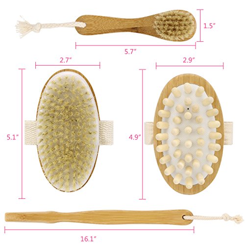 Luxspire Set de Masajeador de baño,Espalda Cepillo facial y de ducha de de bambú. Cepillo exfoliante de piel y celulitis con cerdas de jabalí con mango largo, masajeador anticelulitis.3 Piezas.