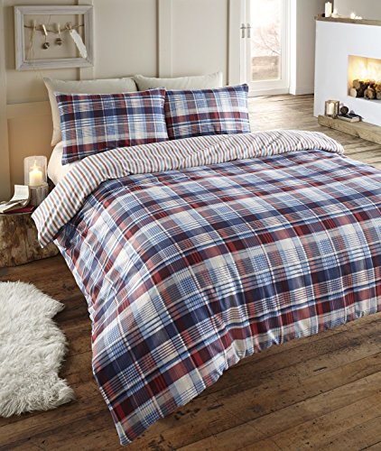 Luxury Home Linens Angus - Juego de Ropa de Cama de Franela para Cama Doble, Funda nórdica y 2 Fundas de Almohada, diseño de Cuadros en Azul, Rojo, Blanco y Azul Marino