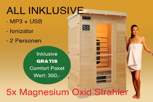 LUXUS - Cabina de sauna infrarrojos para 2 personas (MP3, CD, radio, ionizer, lámparas LED, 1750 W)