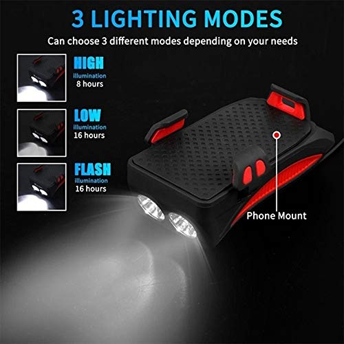 Luz Bicicleta LED con Soporte para Teléfono,Luz Delantera de MTB Recargable con Bocina,4000Mah Banco de Energía,3 Modos de Luz,400Lumens,para Smartphone de 4.0''-6,3'',Estanca,Naranja