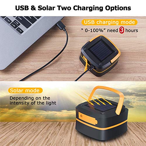 Luz Camping Recargable GlobaLink Farol Camping Lampara Led Solar Linterna Camping 140LM Carga Solar/USB Modos Luz Baja/Alta/Parpadeo SOS Ligero Plegable para Acampada, con USB Cable y Pulsera-Amarillo