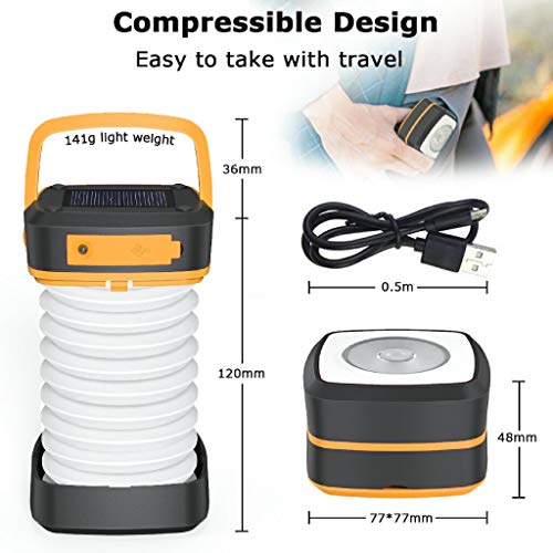 Luz Camping Recargable GlobaLink Farol Camping Lampara Led Solar Linterna Camping 140LM Carga Solar/USB Modos Luz Baja/Alta/Parpadeo SOS Ligero Plegable para Acampada, con USB Cable y Pulsera-Amarillo