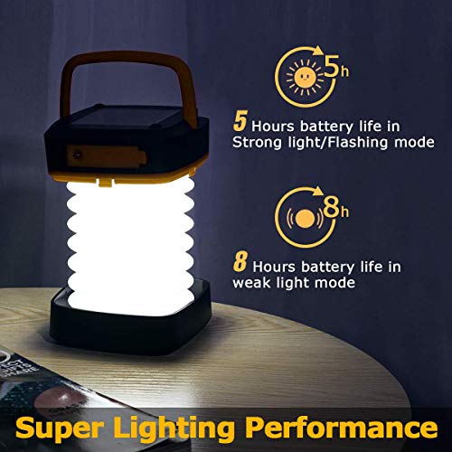 Luz Camping Recargable GlobaLink Farol Camping Lampara Led Solar Linterna Camping 140LM Carga Solar/USB Modos Luz Baja/Alta/Parpadeo SOS Ligero Plegable para Acampada, con USB Cable y Pulsera-Amarillo