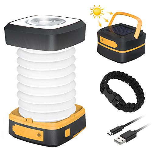 Luz Camping Recargable GlobaLink Farol Camping Lampara Led Solar Linterna Camping 140LM Carga Solar/USB Modos Luz Baja/Alta/Parpadeo SOS Ligero Plegable para Acampada, con USB Cable y Pulsera-Amarillo