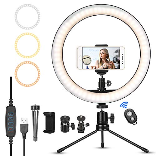 Luz de Anillo LED, Anillo de Luz Trípode LED 10", Aro de Luz con Trípode con Soporte Giratorio, 3 Modos de Luces 10 Brillos Regulable para Móvil Selfie Fotografía Maquillaje Transmisión en Vivo
