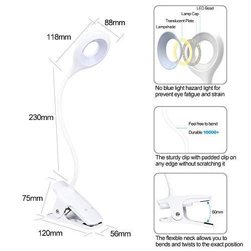 Luz de lectura con clip, luz de libro LED 28 Eye Protect, luz de lectura de cama de 3 colores * 3 brillos con cuello flexible, lámpara de lectura recargable USB, luz de escritorio de control táctil