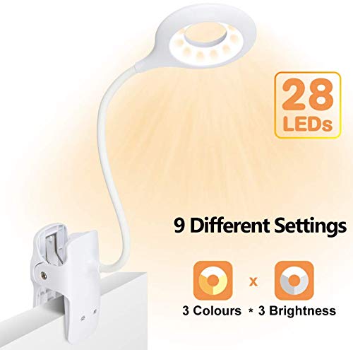 Luz de lectura con clip, luz de libro LED 28 Eye Protect, luz de lectura de cama de 3 colores * 3 brillos con cuello flexible, lámpara de lectura recargable USB, luz de escritorio de control táctil