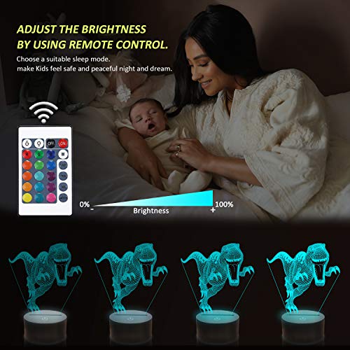 Luz de noche 3D, lámpara de noche de dinosaurio con ilusión óptica de 16 colores que cambia con control remoto, luz de noche visual LED para regalos de cumpleaños para niños