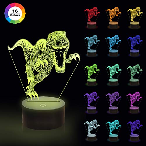 Luz de noche 3D, lámpara de noche de dinosaurio con ilusión óptica de 16 colores que cambia con control remoto, luz de noche visual LED para regalos de cumpleaños para niños