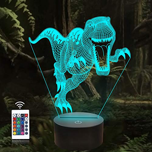 Luz de noche 3D, lámpara de noche de dinosaurio con ilusión óptica de 16 colores que cambia con control remoto, luz de noche visual LED para regalos de cumpleaños para niños