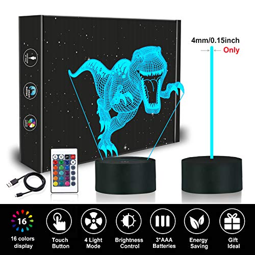 Luz de noche 3D, lámpara de noche de dinosaurio con ilusión óptica de 16 colores que cambia con control remoto, luz de noche visual LED para regalos de cumpleaños para niños