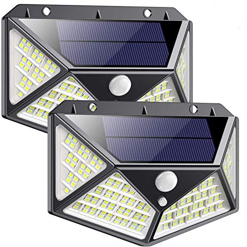 Luz Solar Exterior 162 LED, QTshine【2020 Última versión】Foco Solar con Sensor de Movimiento Gran Angular de Iluminación 270º Lámpara Solar Impermeable 3 Inteligente Modos Para Jardín [ 2 Paquete ]