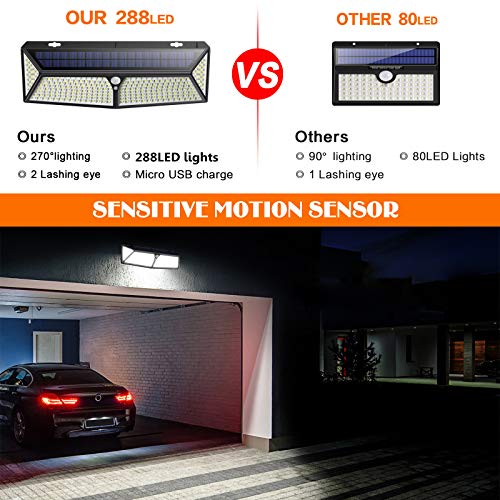 Luz Solar Exterior, [2020 Más Brillante Modelo 288 LED 2500 Lumens 2-Paquete] iPosible 270 °Iluminación Foco Solar con Sensor de Movimiento Impermeable 3 Modos Lámpara Solar para Jardín Camino