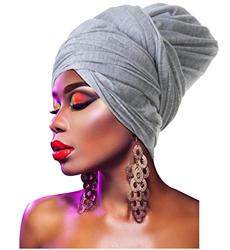 L'VOW Mujer'Suave Estiramiento Diadema Larga Envoltura de Cabeza Bufanda Corbata de turbante (Gris claro)