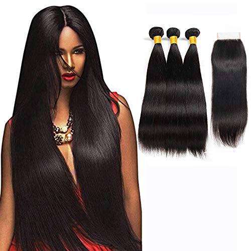 LVY tissage bresilien en lot avec closure 8A cabello lacio brasileño virgen 3 paquetes con cierre de encaje extension pelo natural humano 20 20 20+18 pulgada