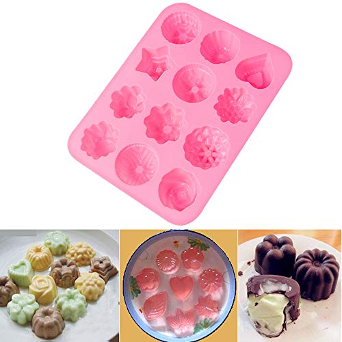 LWXCHE06 Moldes de Silicona con 12 Cavidades Molde de Pastel Moldes Decorativos de Silicona para Tartas Moldes con Forma de Flores para Jabón Chocolates Dulces Muffins Molde para Horno Rosa 2 Piezas