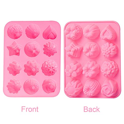 LWXCHE06 Moldes de Silicona con 12 Cavidades Molde de Pastel Moldes Decorativos de Silicona para Tartas Moldes con Forma de Flores para Jabón Chocolates Dulces Muffins Molde para Horno Rosa 2 Piezas
