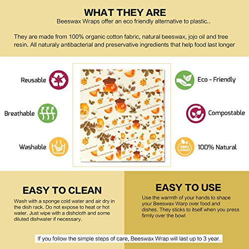 Lyeiaa Envoltorio Reutilizable para Alimentos, 3 Unidades, de Cera de Abeja con Ingredientes Naturales, Respetuoso con el Medio Ambiente