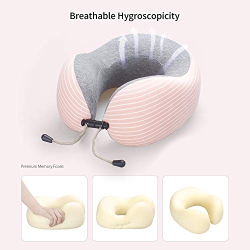 Lyn's Almohada Cuello, Almohada Viaje Espuma Memoria, Funda de algodón Puro Transpirable, Kit de Viaje de avión con máscara para los Ojos, Tapones para los oídos y Bolsa de Almacenamiento (Rosado)