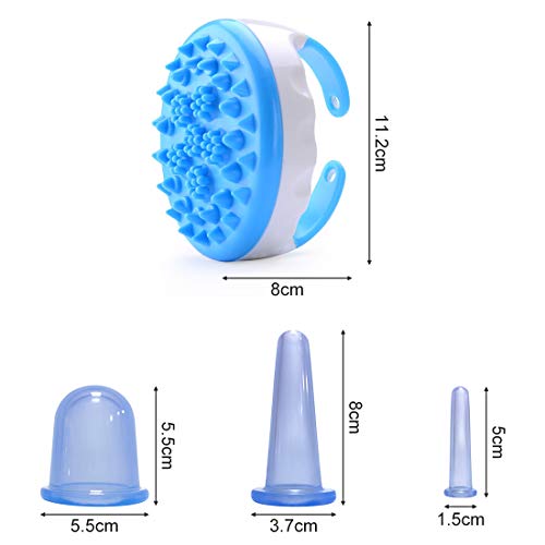 Macallen Conjunto de Ventosas Anticelulíticas con 3 Ventosas de Silicona y 1 Cepillo de Masaje, Ventosas de Vacío de Terapia Para Quemar Grasas y Cuidar el Cuerpo Azul