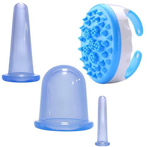 Macallen Conjunto de Ventosas Anticelulíticas con 3 Ventosas de Silicona y 1 Cepillo de Masaje, Ventosas de Vacío de Terapia Para Quemar Grasas y Cuidar el Cuerpo Azul