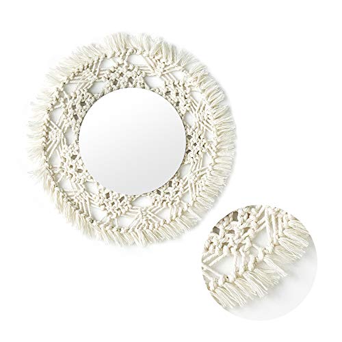 Macrames de espejo de pared, hecho a mano, macramé Outsky colgando con flecos redondos decorativos para apartamentos, sala de estar, dormitorio, cuarto de bebé, decoración del hogar