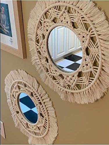 Macrames de espejo de pared, hecho a mano, macramé Outsky colgando con flecos redondos decorativos para apartamentos, sala de estar, dormitorio, cuarto de bebé, decoración del hogar