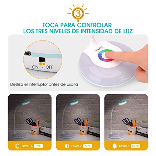 Mafiti Lámpara de escritorio LED con base RGB multicolor, Lámpara de mesa que protege la vista con 3 Niveles de Brillo,control táctil, cuello de cisne ajustable.