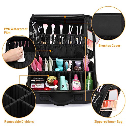 Magicfly Neceser para Maquillaje con Separadores Ajustables, Maletín de Maquillaje de 3 Capas, Bolsa Organizadora de Maquillaje Cosméticos Portátil, 34,5x23,5x12cm, Negro