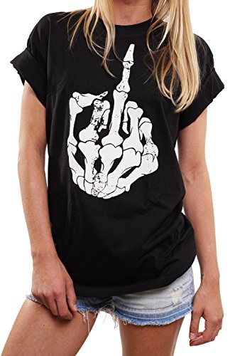 MAKAYA Oversize Top Talla Grande Manga Corta - Skull Dedo Finger Calavera - Camiesta Punk Rock Mujer Negro XL
