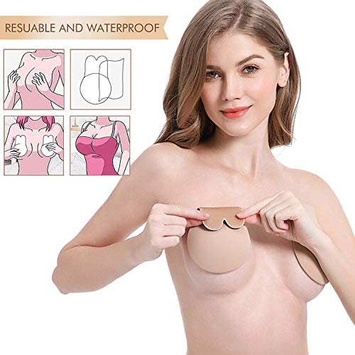 Makone Levantamiento De Senos Cubierta Sujetador De Silicona Pasties Levantamiento De Senos Sujetador Adhesivo Invisible Reutilizable Cubierta De Pezón Transpirable para Damas Niñas (L)