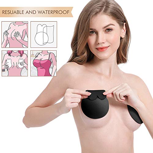 Makone Levantamiento De Senos Cubierta Sujetador De Silicona Pasties Levantamiento De Senos Sujetador Adhesivo Invisible Reutilizable Cubierta De Pezón Transpirable para Damas Niñas (Black-XL)