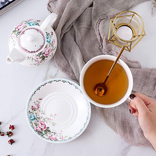 MALACASA, Serie Sweet.Time, 4 Piezas Juego de Té de Porcelana Tetera y Taza y Platillo de Tambien es Cafetera Regalo