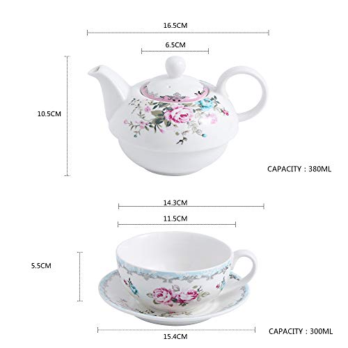MALACASA, Serie Sweet.Time, 4 Piezas Juego de Té de Porcelana Tetera y Taza y Platillo de Tambien es Cafetera Regalo