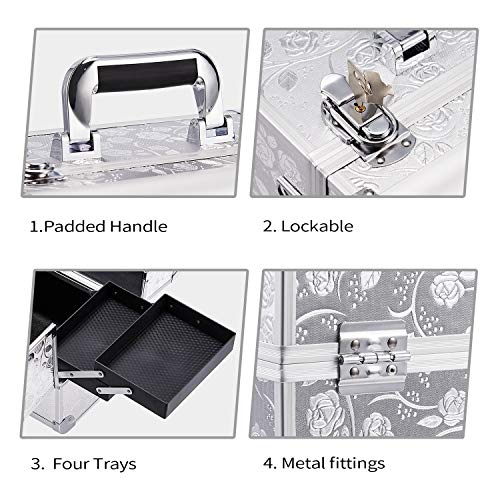 Maletín para Maquillaje Profesional Plateado Estuche Cosmético Caja de Maquillaje Joyero Organizador Regalos para Mujer