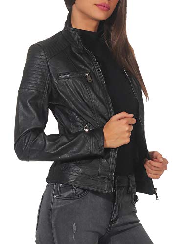 Malito Mujer Chaqueta Cuero Sintético Biker Chaqueta Saco Blazer 5179 (Negro, S)